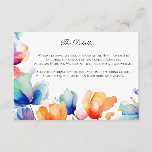 Bright Floral Waterverf bruiloft details Informatiekaartje (Voorkant)