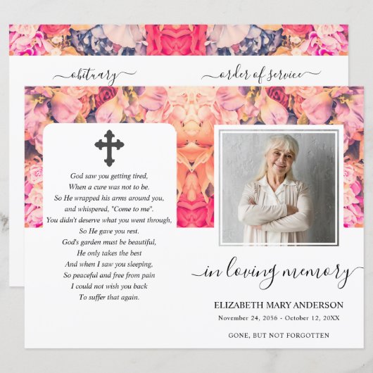 Bright Floral Waterverf Foto Begrafenisprogramma (Voorkant / Achterkant)