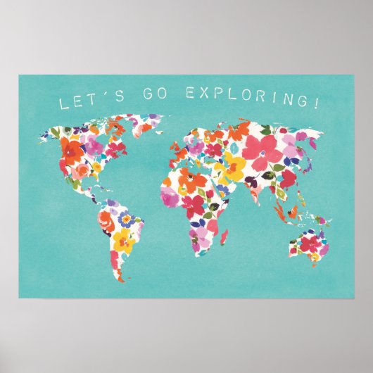 Bright Floral World Blauwgroen Poster (Voorkant)