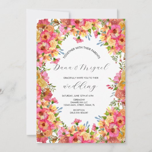Bright Florals Pink Garden Waterverf Wedding Kaart (Voorkant)