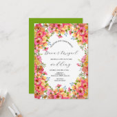 Bright Florals Pink Garden Waterverf Wedding Kaart (Voorkant / Achterkant in situ)