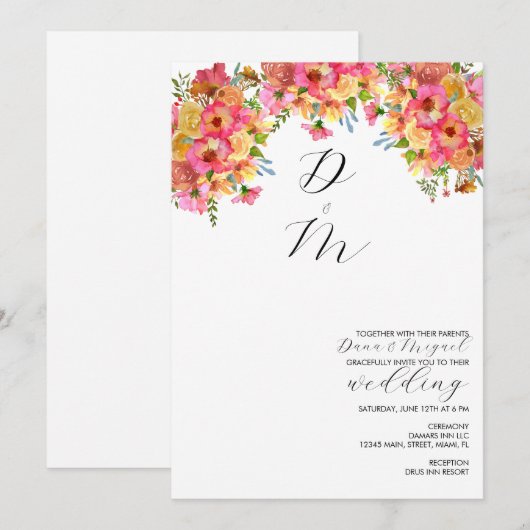 Bright Florals roze gele Waterverf bruiloft Kaart (Voorkant / Achterkant)