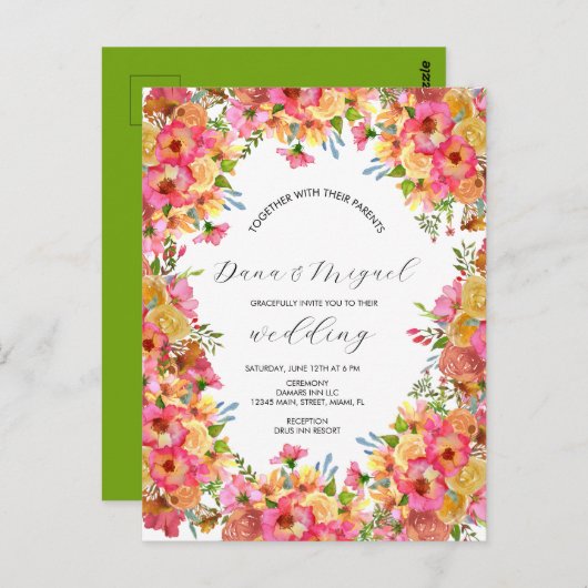 Bright Florals roze kleurrijke Waterverf bruiloft Briefkaart (Voorkant / Achterkant)