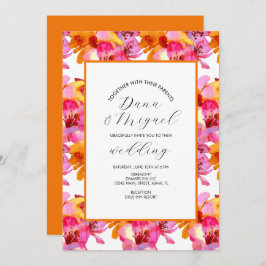 Bright Florals Roze Oranje Waterverf bruiloft Kaart
