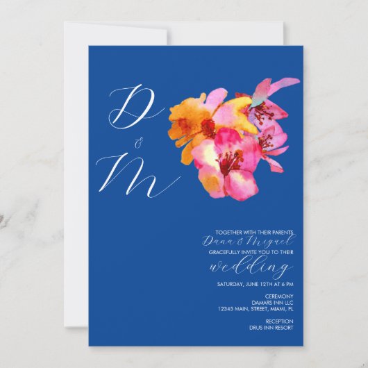 Bright Florals Waterkleurige Monogram Blue Wedding Kaart (Voorkant)