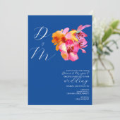 Bright Florals Waterkleurige Monogram Blue Wedding Kaart (Staand voorkant)