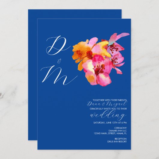 Bright Florals Waterkleurige Monogram Blue Wedding Kaart (Voorkant / Achterkant)