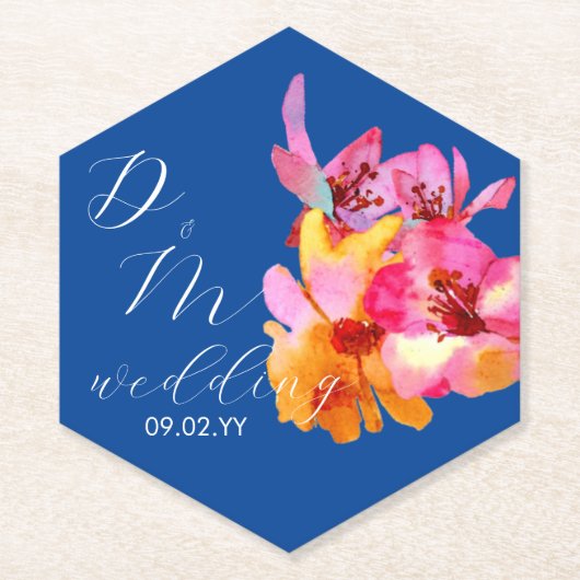 Bright Florals Waterkleurige Monogram Blue Wedding Kartonnen Onderzetters (Voorkant)