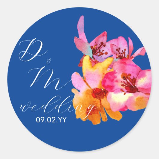 Bright Florals Waterkleurige Monogram Blue Wedding Ronde Sticker (Voorkant)