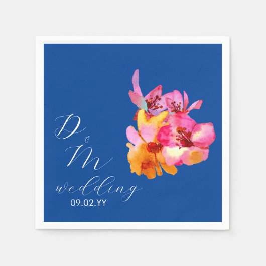 Bright Florals Waterkleurige Monogram Blue Wedding Servet (Voorkant)