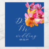 Bright Florals Waterkleurige Monogram Blue Wedding Wijn Etiket (Enkel label)