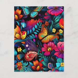 Bright Flower and Butterfly Pattern Briefkaart