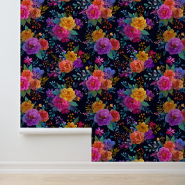 Bright Flower Blossoms op Zwarte Vintage Bloemen Behang