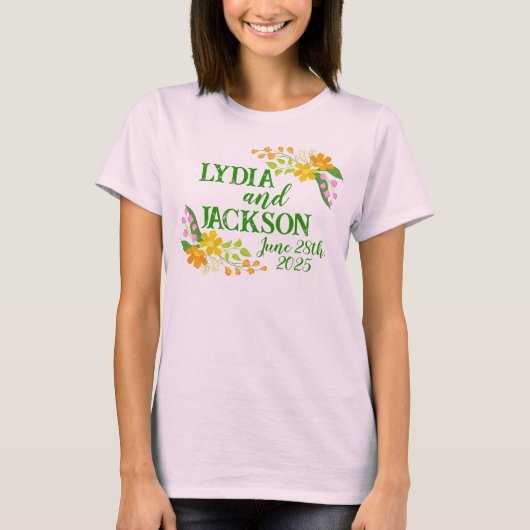 Bright Flowers and Bright Green Text Bruidsmeisjes T-shirt (Voorkant)