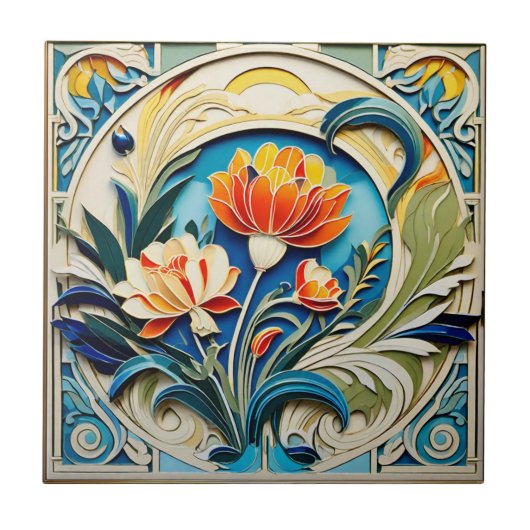 Bright Flowers Art Deco Keramische Tegel Tegeltje (Voorkant)