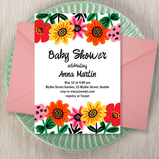 Bright Flowers Baby shower Invitation Kaart