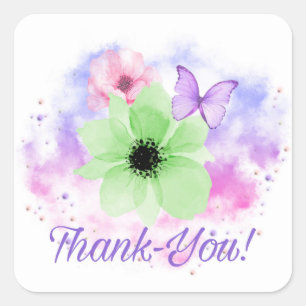 Bright Flowers & Butterfly, Watercolor Background Vierkante Sticker
