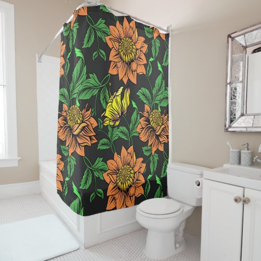 Bright Flowers Pop van zwarte achtergrond Douchegordijn (In situ)