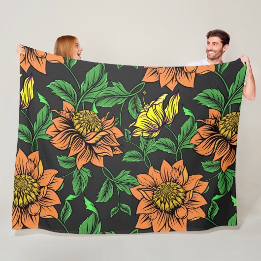 Bright Flowers Pop van zwarte achtergrond Fleece Deken (In situ)