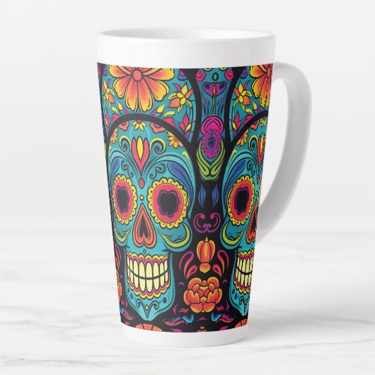 Bright Folk Art Sugar Skull Day of the Dead Party Latte Mok (Rechterhoek)