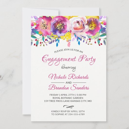 Bright Fuchsia Gold Floral Engagement Party Kaart (Voorkant)