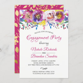 Bright Fuchsia Gold Floral Engagement Party Kaart
