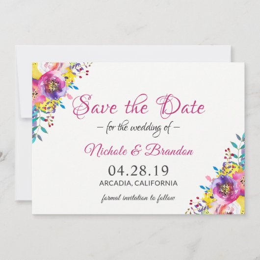 Bright Fuchsia Gold Flowers Spring Save the Date (Voorkant)