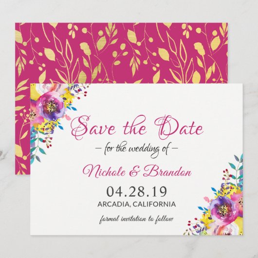 Bright Fuchsia Gold Flowers Spring Save the Date (Voorkant / Achterkant)