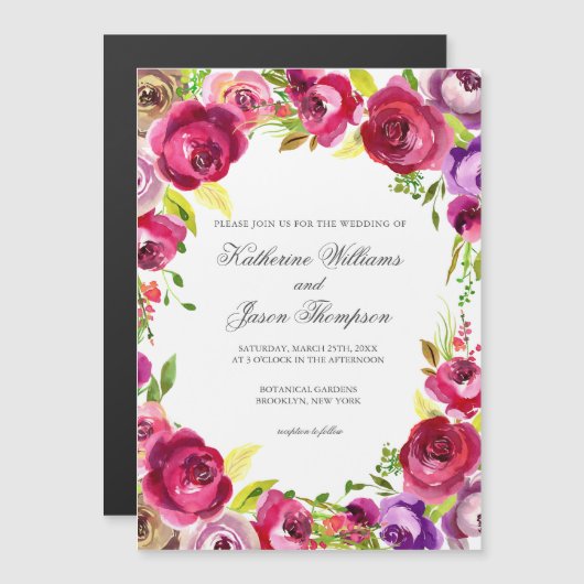 Bright fuchsia roze bloemenchique tuin bruiloft magnetische uitnodiging (Voorkant / Achterkant)