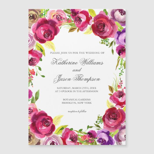 Bright fuchsia roze bloemenchique tuin bruiloft magnetische uitnodiging (Voorkant)