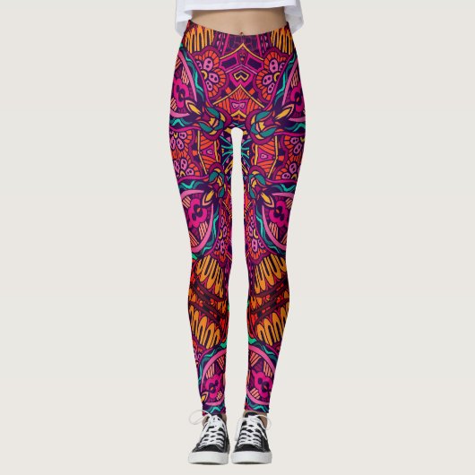 Bright Fun Floral Abstract Geometrical Whimsical Leggings (Voorkant)
