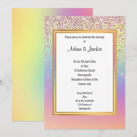 BRIGHT FUN RAINBOW SPARKLE WEDDING INVITATION KAART (Voorkant / Achterkant)
