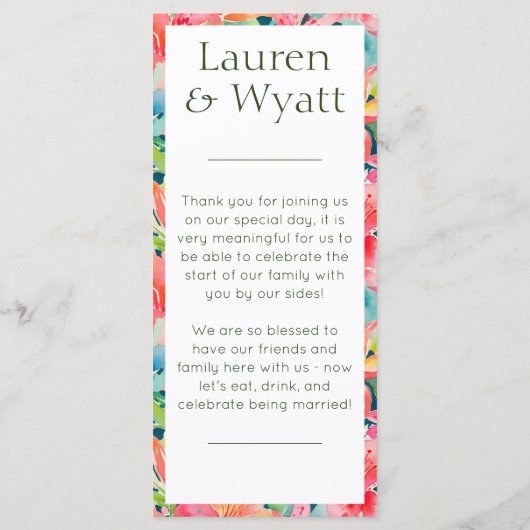 Bright Fun Tropische Botanische Bloemen Bruiloft Menu (Achterkant)