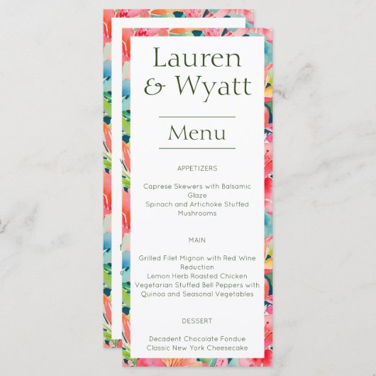 Bright Fun Tropische Botanische Bloemen Bruiloft Menu (Voorkant / Achterkant)