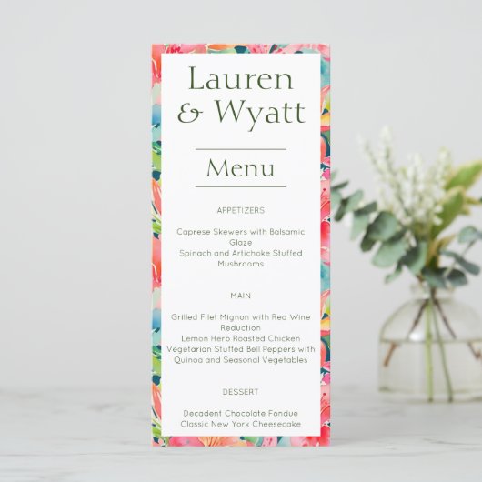 Bright Fun Tropische Botanische Bloemen Bruiloft Menu (Staand voorkant)