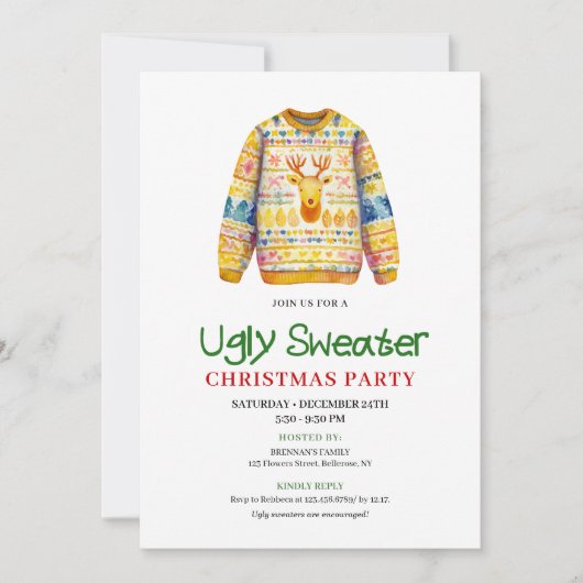 Bright Funny Ugly Sweater Xmas Party Invite Kaart (Voorkant)