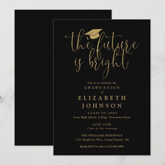 Bright Future Black en Gold Graduation Party Kaart (Voorkant / Achterkant)