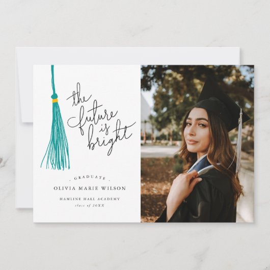 Bright Future Blauwgroen Tassel Afstuderen Aankond Kaart (Voorkant)