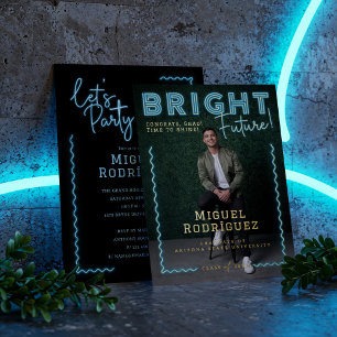 Bright Future Blue Neon Afstudeerder Foto Afstuder Folie Uitnodiging