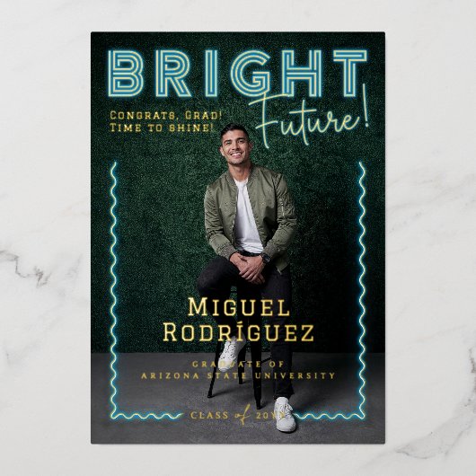 Bright Future Blue Neon Afstudeerder Foto Afstuder Folie Uitnodiging (Voorkant)