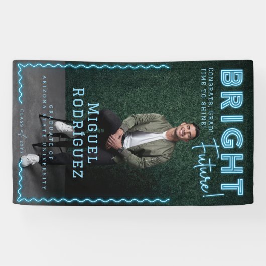 Bright Future Blue Neon Afstudeerder Foto Afstuder Spandoek (Horizontaal)