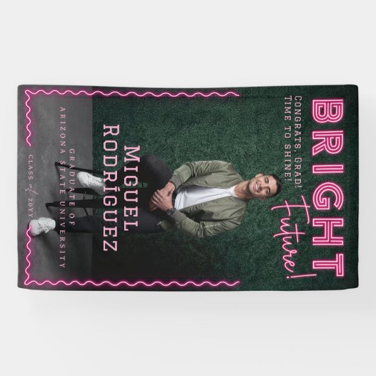 Bright Future Pink Neon Afstudeerder Foto Afstuder Spandoek (Horizontaal)
