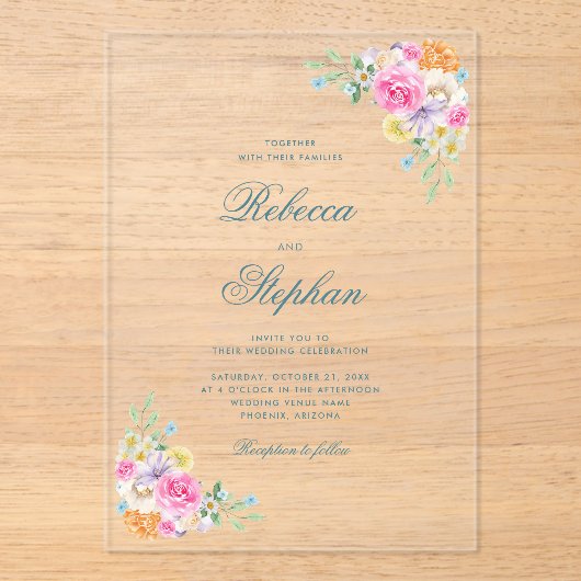 Bright Garden Floral Party Waterverf bruiloft Acryl Uitnodigingen (Voorkant)