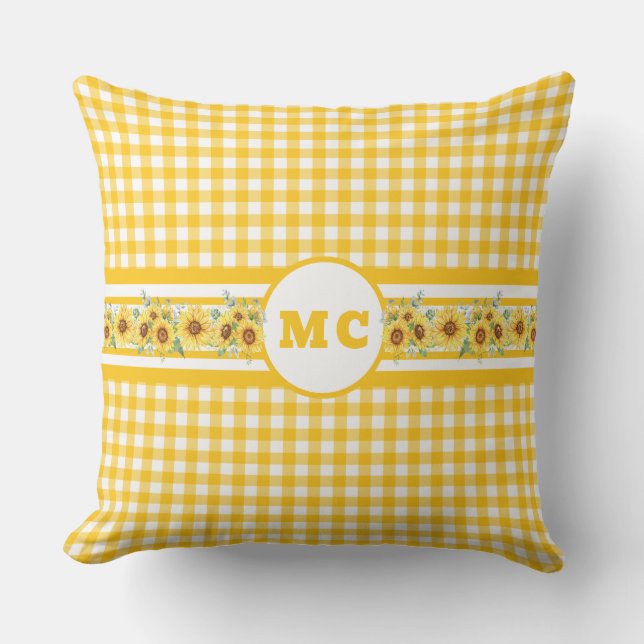 Bright Gele Monogram Gingham Pset Sunflower Buitenkussen (Voorkant)