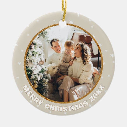 Bright Glitter Foto Vrolijk Kerstfeest Modern Keramisch Ornament (Voorkant)