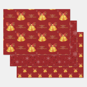 Bright Gold Bells en rode sneeuwvlokken Kerstmis Inpakpapier Vel
