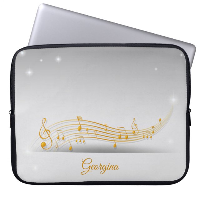 Bright Gold-Muzieknoten met aangepaste naam Laptop Sleeve (Voorkant)
