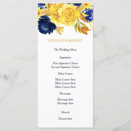 Bright Gold Navy Blauw Bloemen Bruiloft Menu