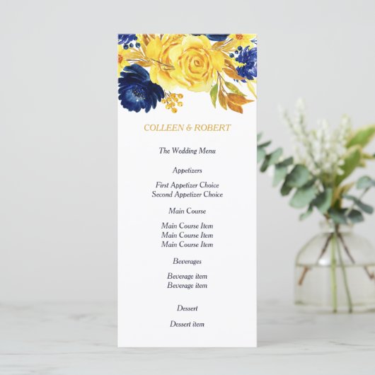 Bright Gold Navy Blauw Bloemen Bruiloft Menu (Staand voorkant)