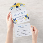 Bright Gold Navy Blue Floral Bouquet Wedding All In One Uitnodiging (Afscheurbaar)